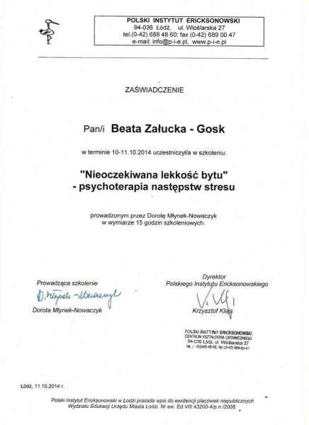 Zaświadczenie dla Pani Beata Załucka-Gosk -  "Nieoczekiwana lekkość bytu - psychoterapia następstw stresu"